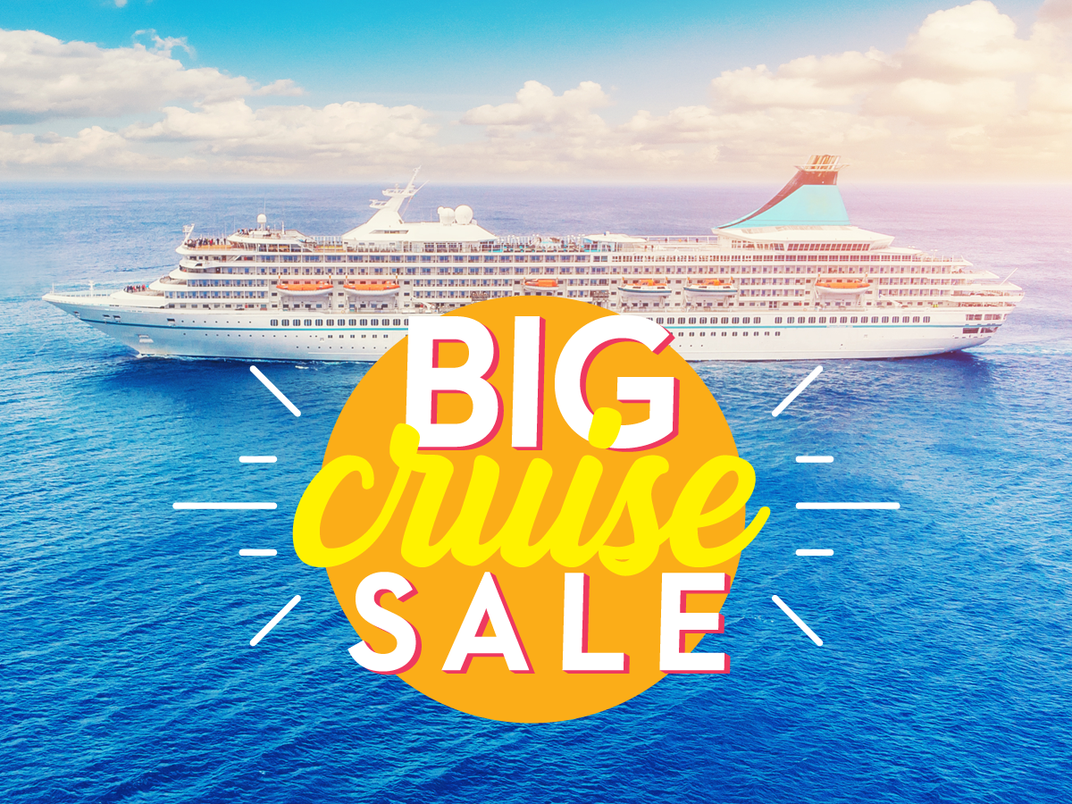 Cruise ship in blue water with big cruise sale graphic overlay