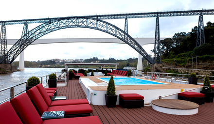 Sun deck with lounge chairs and pool on an AmaWaterways river cruise ship