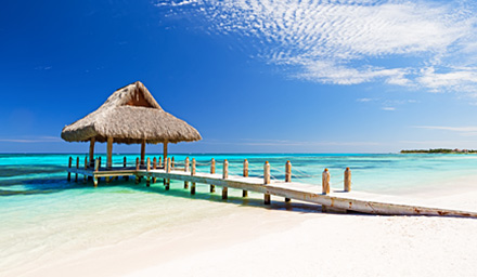 A dock leading to a tropical canopy on top of a tropical ocean
