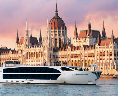 Uniworld River Cruise ship with the Hungry Parliament building in the background