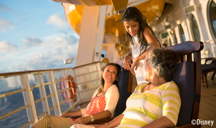 Multi-generational family lounging on a Disney Cruise Line ship