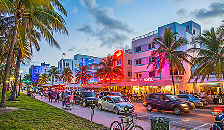 Busy street with buildings, palm trees, cars, people in Florida
