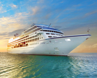 Oceania cruise ship in ocean at sunset