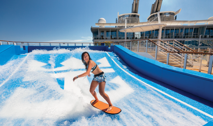 Royal Caribbean Cruise amphitheater with blue ocean water in background
