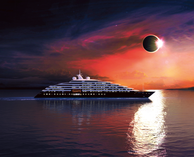 Scenic Cruise ship in ocean at sunset with a moon