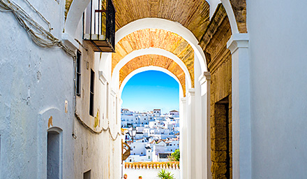 Spanish architecture and a keyhole image of Madrid, Spain